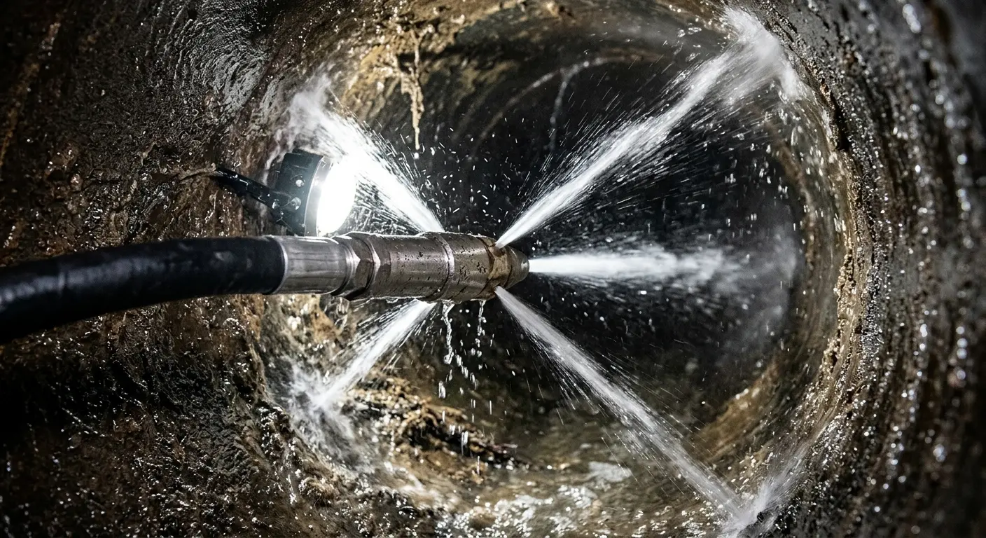 High-pressure hydro jetting nozzle cleaning sewer pipe for Trenchless Sewer Repair in Jasmine Estates