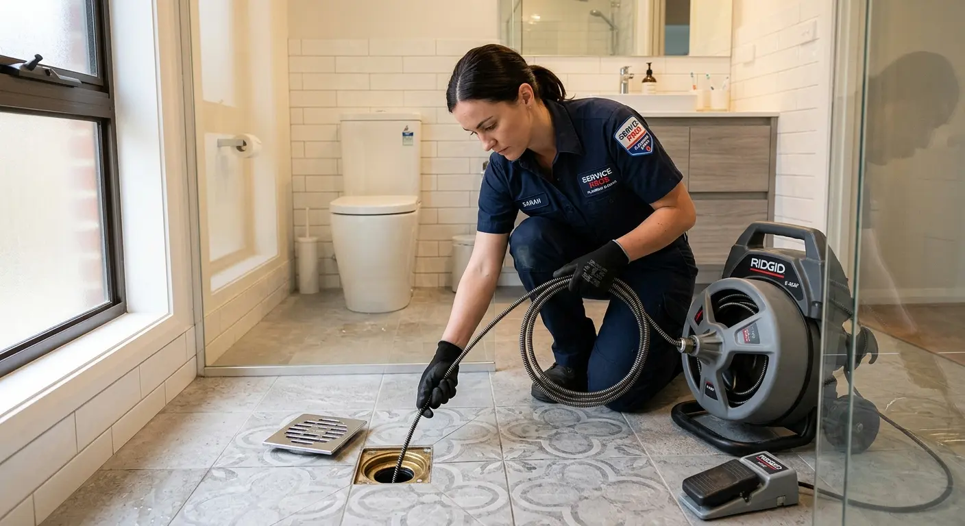 Technician clearing a bathroom floor drain for Drain Cleaning in Jasmine Estates